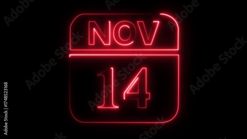 Red Neon Calendar Icon Showing November 14th Date On Black Background image photo