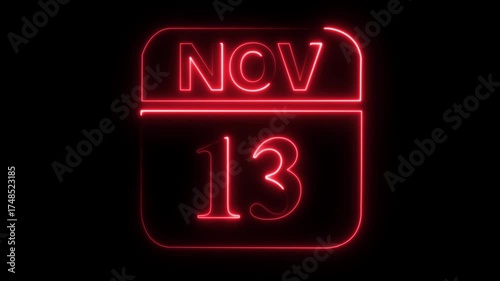 Red Neon Calendar Icon Showing November 13th Date On Black Background image photo