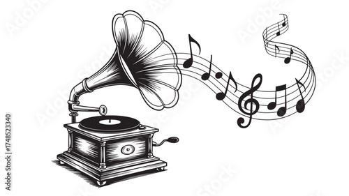 Vintage gramophone illustration with flowing musical notes antique record player vector design isolated on white background