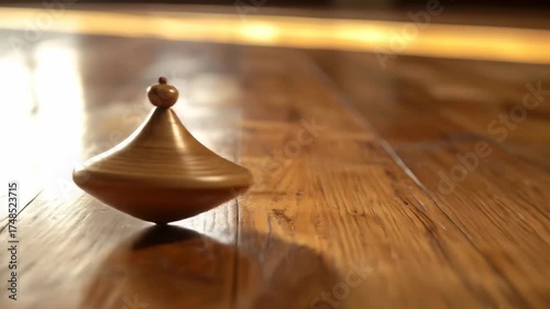 A classic wooden spinning top rotates on a polished hardwood floor.