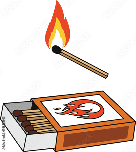 Burning matchstick with matchbox illustration, fire safety concept, wooden stick ignition, flame symbol design, flat vector art for education