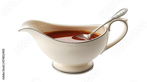 Gravy boat filled with brown sauce and silver spoon