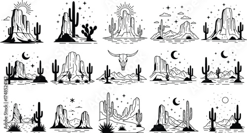 Desert landscape icon set, cactus, sun, moon, bull skull, rock formation, celestial scene, cad drawing flat vector illustration