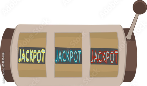 Three vibrant jackpot signs line up perfectly on a classic slot machine, illustrating the thrill of winning big at a busy gaming venue during an exciting evening.