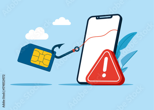 Mobile sim card on fishing hook. Theft. Steal mobile sim card. Fraud. Microcircuit. Flat vector illustration