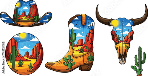 Desert-themed cowboy gear, hat, boot, skull, badge, cactus, Western landscape art, cad drawing flat vector illustration