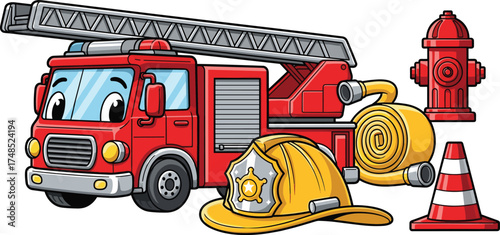 Fire truck cartoon set, firefighting equipment, helmet, hydrant, hose, traffic cone, kids illustration, cad drawing flat vector illustration