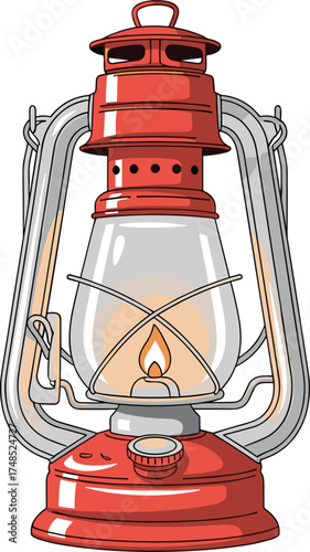 Vintage lantern, kerosene lamp, outdoor lighting, flame glow, metal frame, red top, glass globe, CAD drawing, flat vector, technical sketch