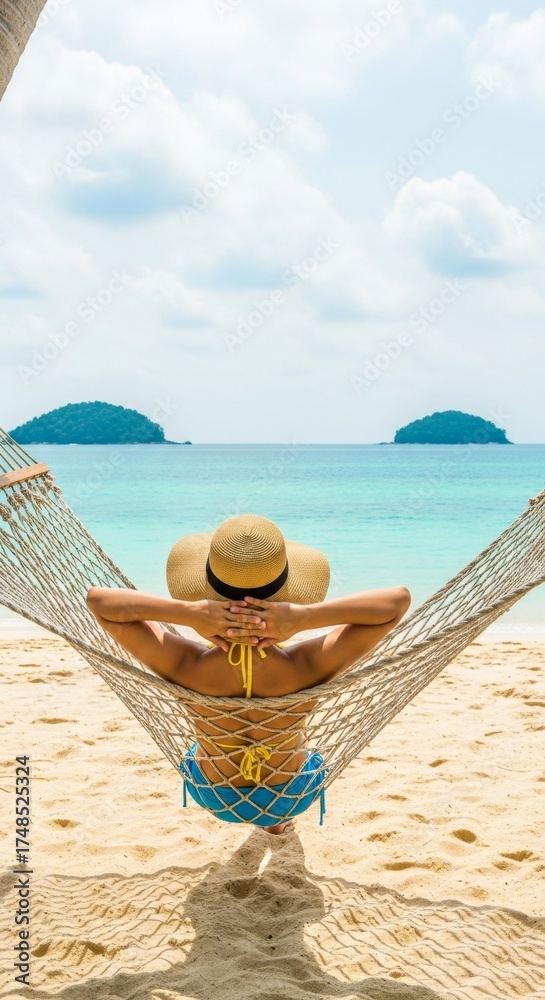 Obraz premium Relaxed female in hammock enjoying tropical beach view on sunny day