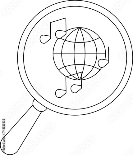 A magnifying glass focuses on a globe encircled by musical notes