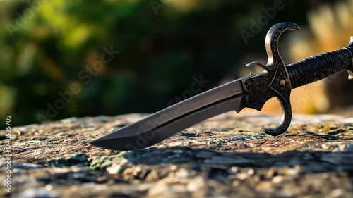A Black Fantasy Dagger with an Ornate Hilt Rests on a Stone Outdoors.