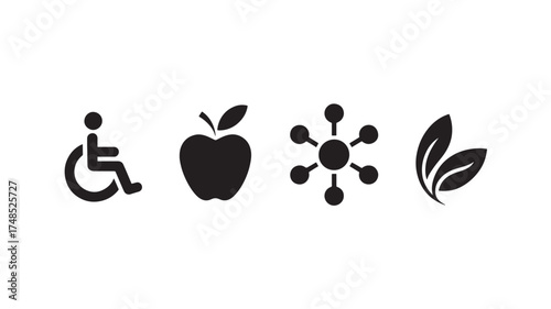 Set of minimalist icons featuring symbols for accessibility nutrition science and nature simple flat vector design element isolated on white background