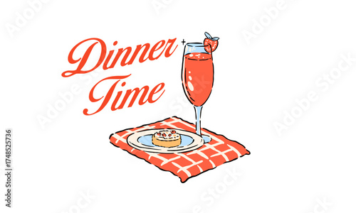 Vintage illustration of a cocktail and a dessert tart. Retro Dinner Time artwork for restaurant menu, party invitation
