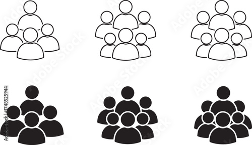 Set of six icons representing groups of people in outline and solid fill Keywords: people, group, icon, set