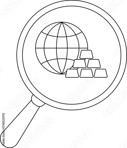 Globe and gold bars under a magnifying glass