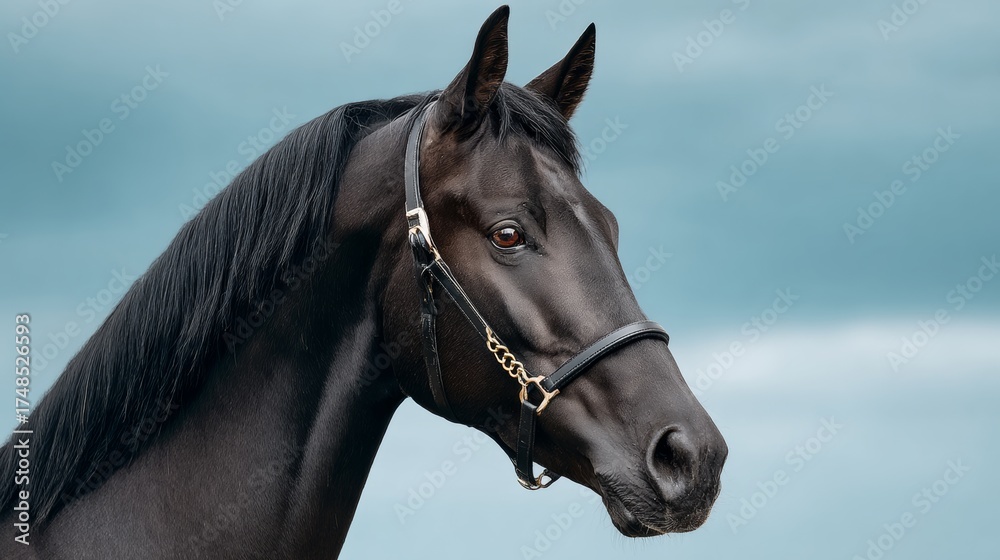 Obraz premium Black horse with a bridle on its head. The horse is looking straight ahead. The sky is blue and cloudy