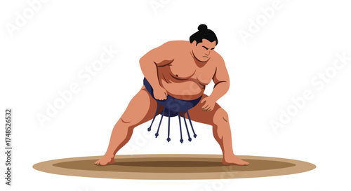 Sumo wrestler in traditional mawashi performing a ritual stance on a dohyo.