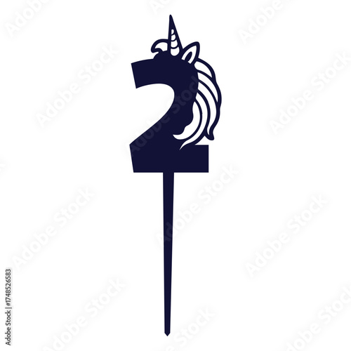 A dark blue number two cake topper with a unicorn head and mane on a white background image view