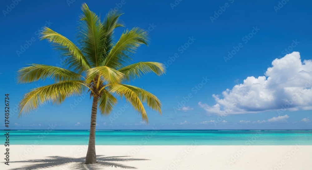 Fototapeta premium A lone palm tree stands on a white sand beach by the ocean