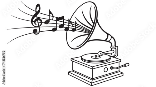 Vintage gramophone illustration playing music notes antique phonograph vector design isolated on white background