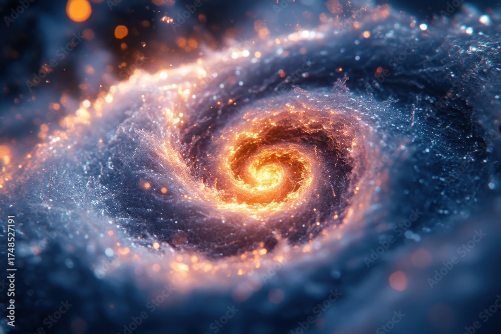Fototapeta premium Bright orange center: Spiral galaxy in vibrant colors.