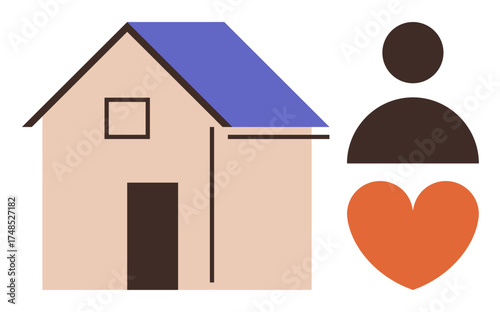 House with blue roof, person figure, and heart symbol representing home, family, care, person-centered ideas. Ideal for housing, love, community support safety belonging inclusion simple flat
