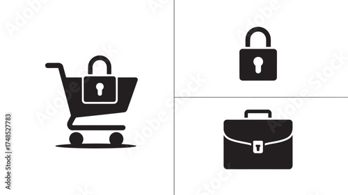 Set of e-commerce security icons including shopping cart lock and briefcase simple flat vector design element for web and mobile apps isolated on white background