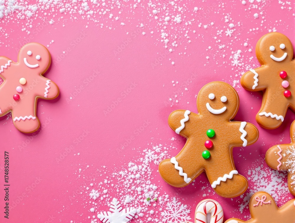 Naklejka premium Playful pink Christmas background with gingerbread cookies candy canes and snowflakes festive baking flat lay top view banner with copy space