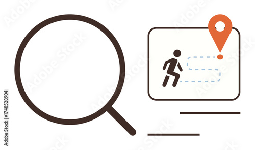 Magnifying glass focusing on a walking figure with a dashed path to a destination marker. Ideal for navigation, location, search, discovery, journey, direction, exploration themes. Simple flat