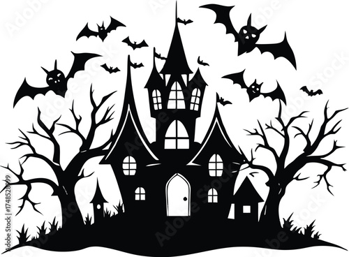 Halloween, vector illustration vector art of a spooky haunted house silhouette with bats flying around, perfect for halloween themed designs and decorations	