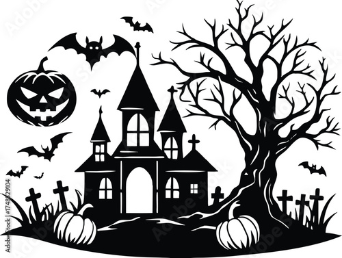 Halloween, vector illustration vector art of a spooky haunted house silhouette with bats flying around, perfect for halloween themed designs and decorations	