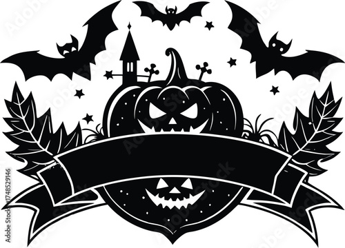 Halloween vector art of halloween themed illustration showcasing a grinning pumpkin, a spider, and a larger spider, all above a banner with the word halloween in a dripping font	