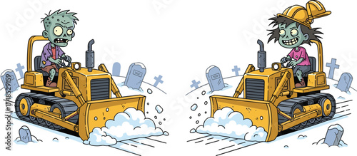 Zombie bulldozer, cartoon graveyard, construction humor, spooky scene, undead worker, Halloween illustration, creepy machinery, graveyard cleanup, surreal cartoon, funny horror