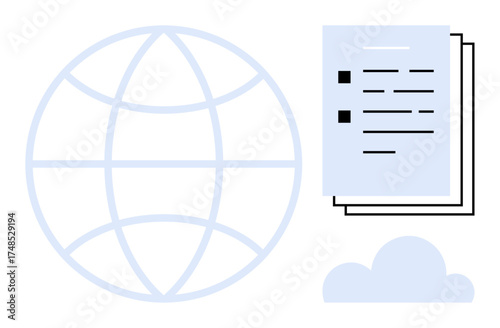 Globe next to documents and cloud icon, representing worldwide data exchange, cloud storage, online collaboration, global communication, file sharing, digital connectivity, simple flat metaphor