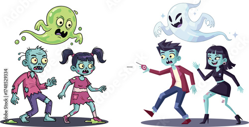 Zombie cartoon, Halloween characters, spooky ghost, vampire scene, flashlight scare, undead humor, creepy illustration, haunted night, funny horror, animated parody