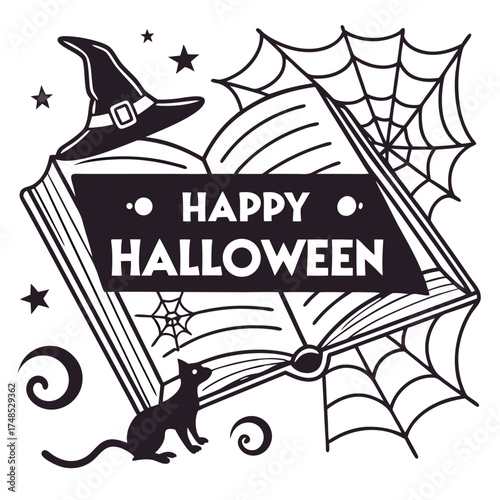 Vintage Halloween Graphic – Black & White Vector with Classic Spooky Elements – Witch Hat, Spiderweb, Feline, and Spell Book for October Fun