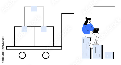 Woman using laptop seated beside bar graph blocks with trolley carrying stacked boxes. Ideal for logistics, ecommerce, planning, growth, packaging, analysis, business strategy. Simple flat metaphor