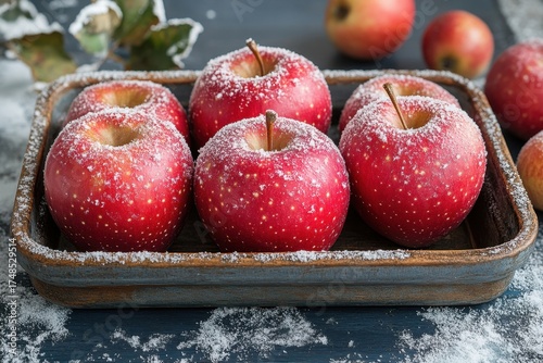 Red apples in wooden tray dusted with powdered sugar.