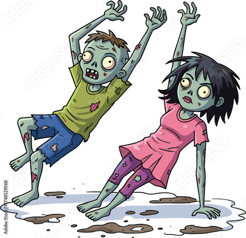 Zombie cartoon, muddy puddles, spooky scene, horror humor, undead characters, Halloween illustration, creepy environment, startled expressions, funny horror, ragged clothes