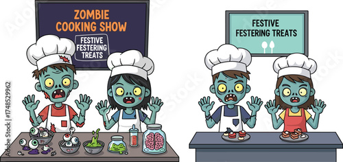 Zombie cooking show, cartoon illustration, festive treats, undead chefs, Halloween kitchen, creepy recipes, horror humor, spooky food, funny monsters, slime snacks