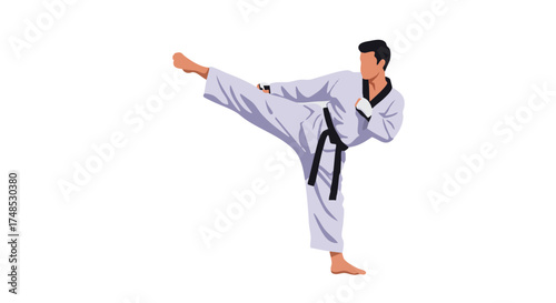 Taekwondo practitioner performing a side kick in a white uniform with a black belt.