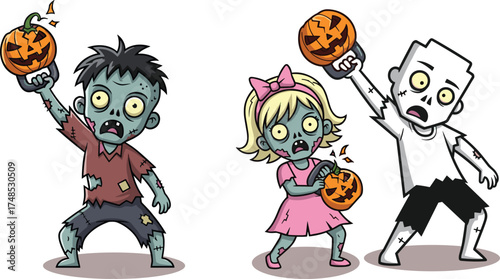 Zombie kids, Halloween pumpkins, cartoon horror, spooky children, jack-o'-lantern fun, undead humor, creepy costumes, festive scare, animated parody, trick or treat