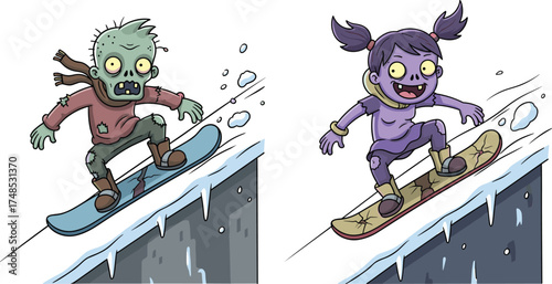Zombie snowboard, cartoon winter, spooky sport, undead action, icy slope, Halloween humor, creepy ride, snowboarding duo, animated horror, funny adventure