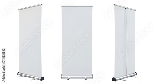 Set of three blank white roll up banner stand mockups from different angles. Isolated on transparent background, png
