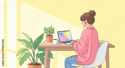 Illustration of a woman working on a laptop at a desk with plants and a cup of coffee.