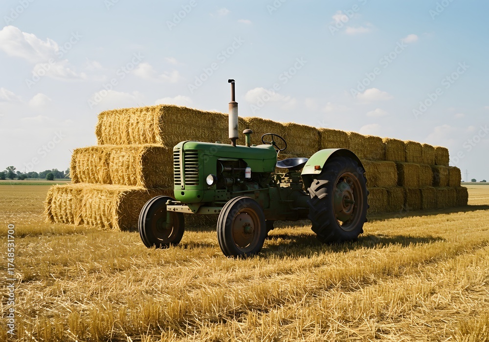 Obraz premium Vintage green tractor parked next to a pile of hay bales, capturing the essence of a rural farm. The scene is illuminated by natural daylight