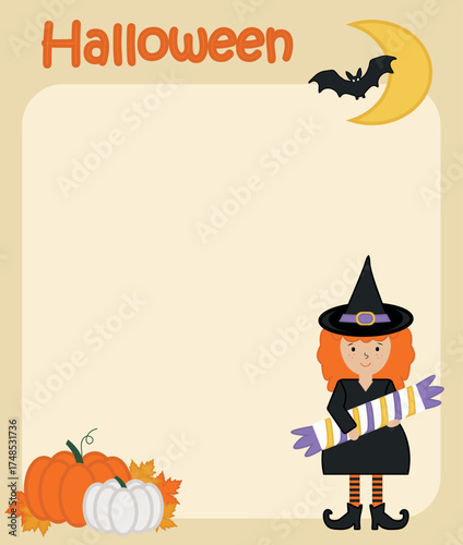 Happy halloween greeting card with cute girl, pumpkins, moon and bat. Holidays cartoon character vector