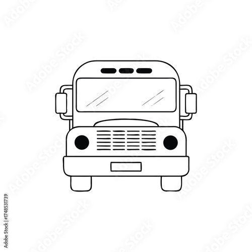 Line Art of School Bus Front View With Black Wheels On Background