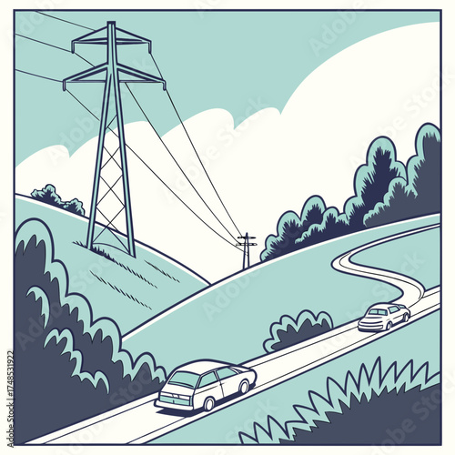 Cars on a road near a large power pylon in a hilly landscape