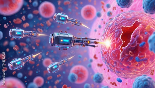 Nanobots moving through a microscopic biological environment, directing laser beams to target and break down a large, damaged cell, representing advanced nanotechnology for medicine and health